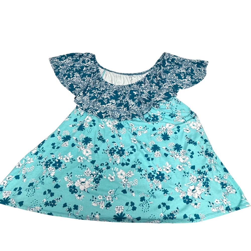 Woman Within 4X Turquoise Blue Floral Off Shoulder Flutter Sleeve Blouse